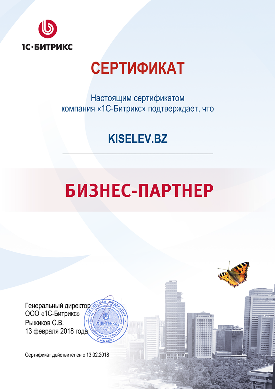 Сертификат партнёра по СРМ системам в Мамадыше